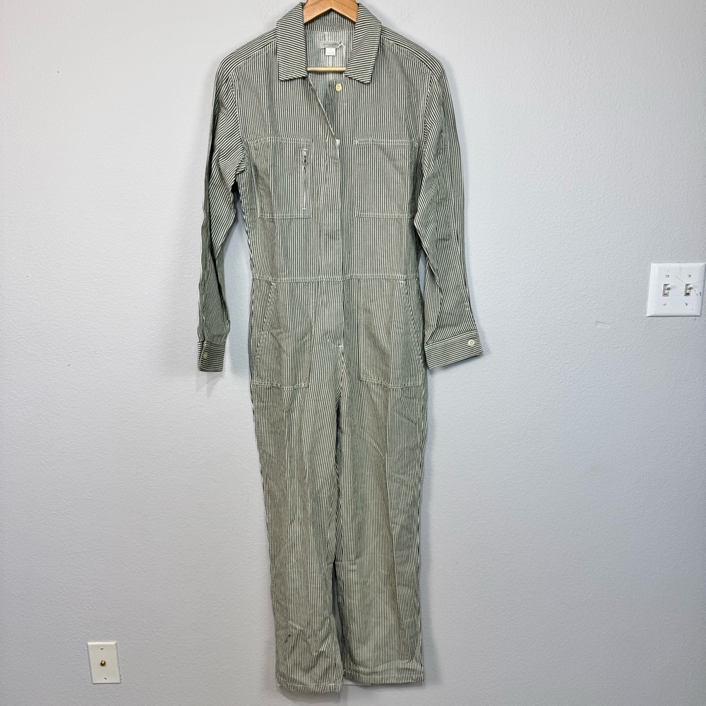 Outerknown Women’s Station Jumpsuit Long Sleeve‎ Pockets Pinstripe Green Cream S